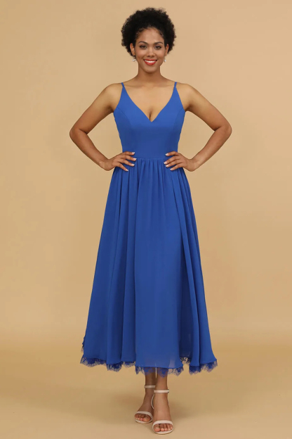 V-neck A-line Tea Length Chiffon Bridesmaid Dress with Lace Trim