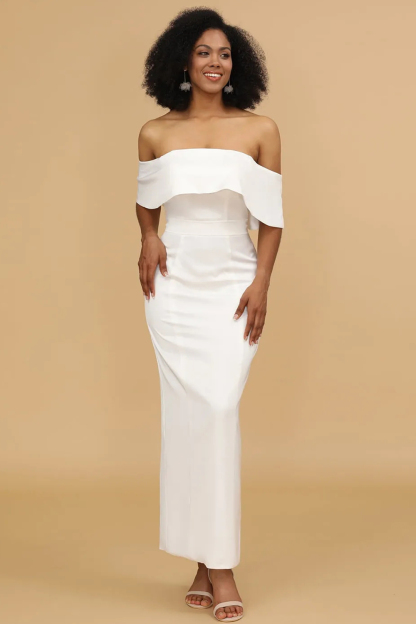 Satin Sheath Off the Shoulder Ankle Length Bridesmaid Dress