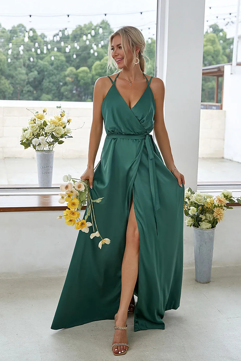 Chiffon Backless V-neck Side Slit Maxi Bridesmaid Dress Prom Dress