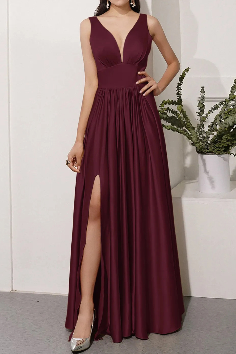 V-neck Long Floor Length A Line Satin Bridesmaid Dress with Split