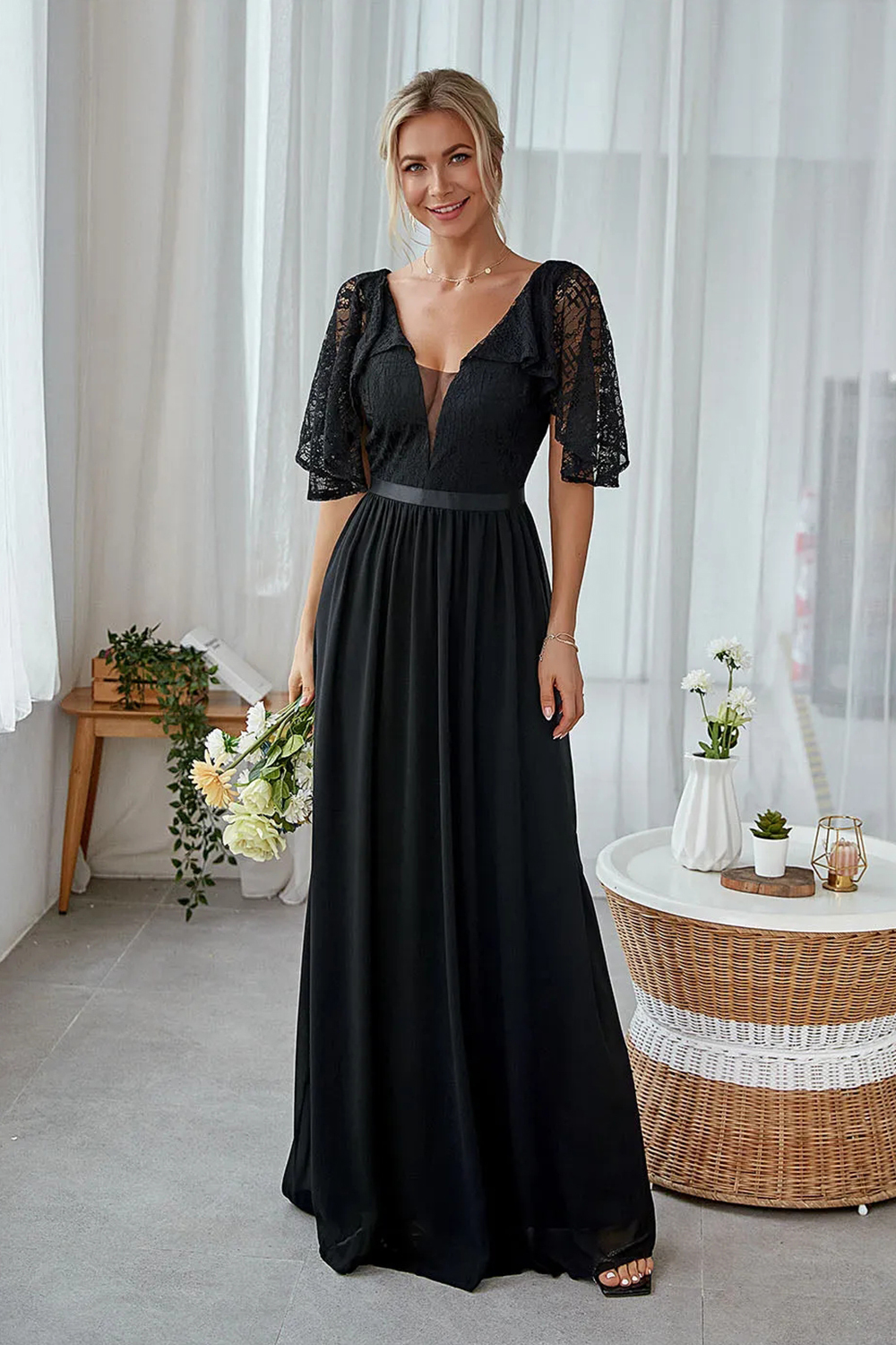 Black Chiffon V-neck A-line Bridesmaid Dress with Lace Sleeves