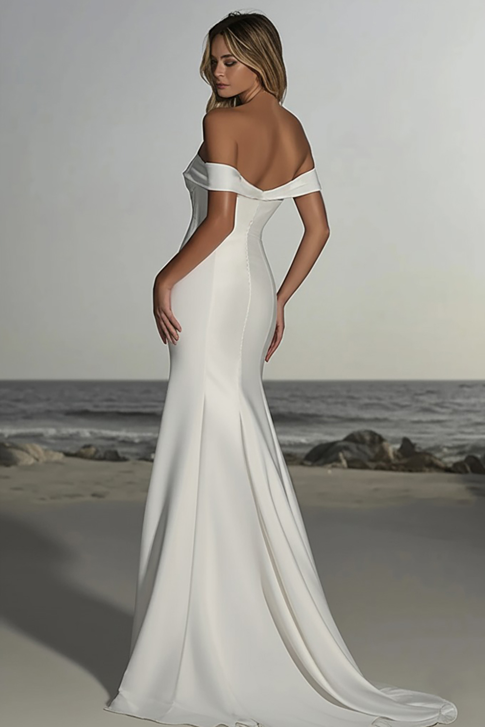 Elegant Ivory Off the Shoulder Satin Sheath Wedding Dress with Slit