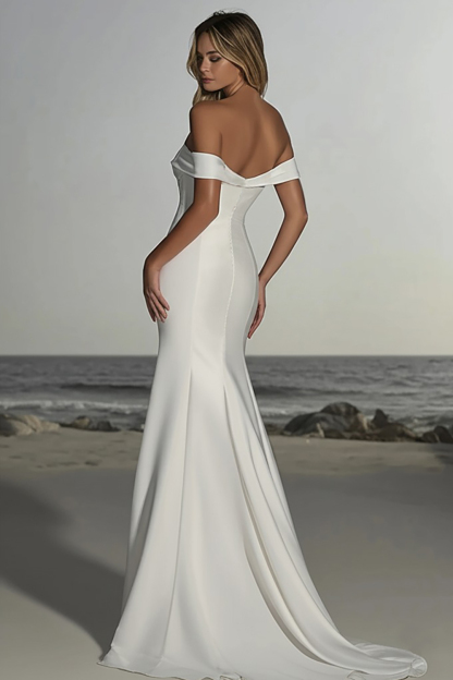 Elegant Ivory Off the Shoulder Satin Sheath Wedding Dress with Slit