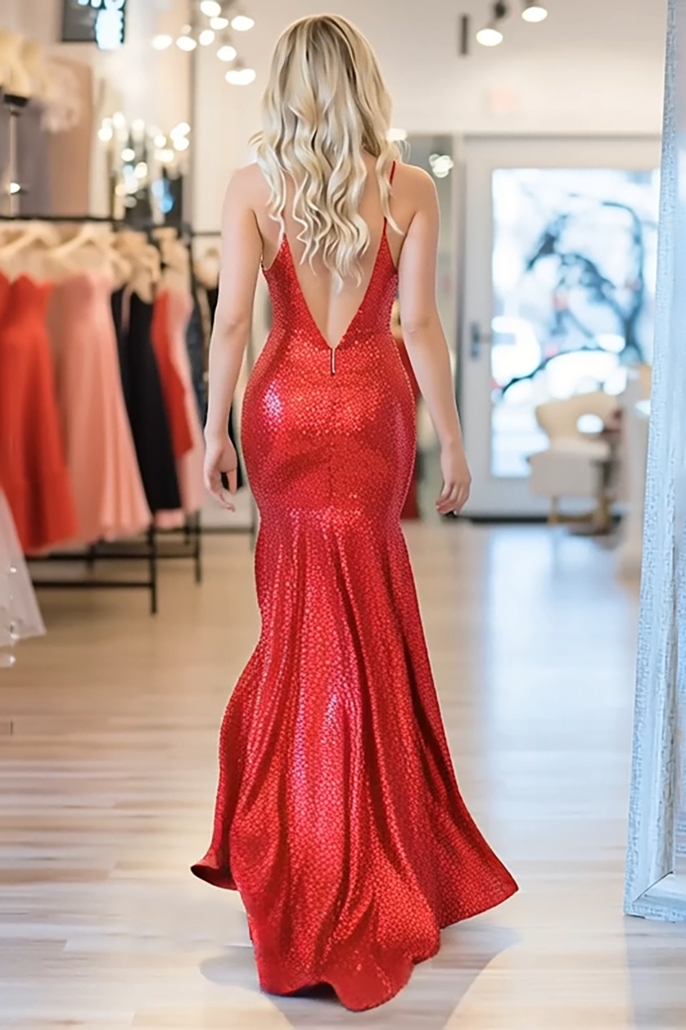 Sparkly Red Sequin Strapless Bodycon Long Prom Dress with Slit