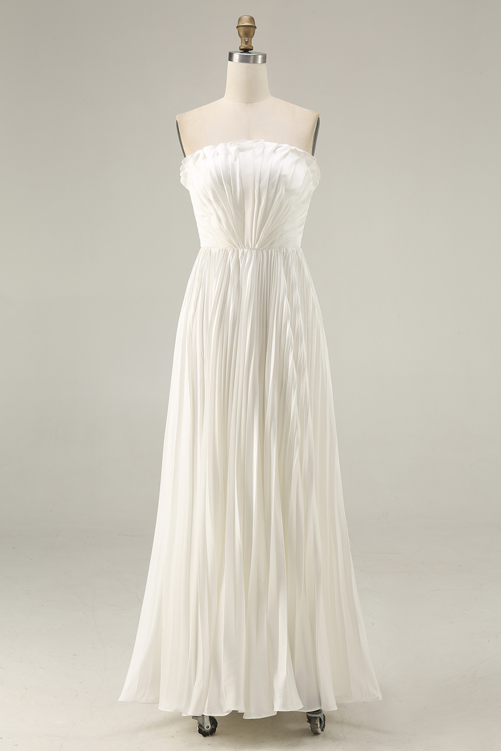 White Sheath Pleated Strapless Maxi Wedding Reception Dress