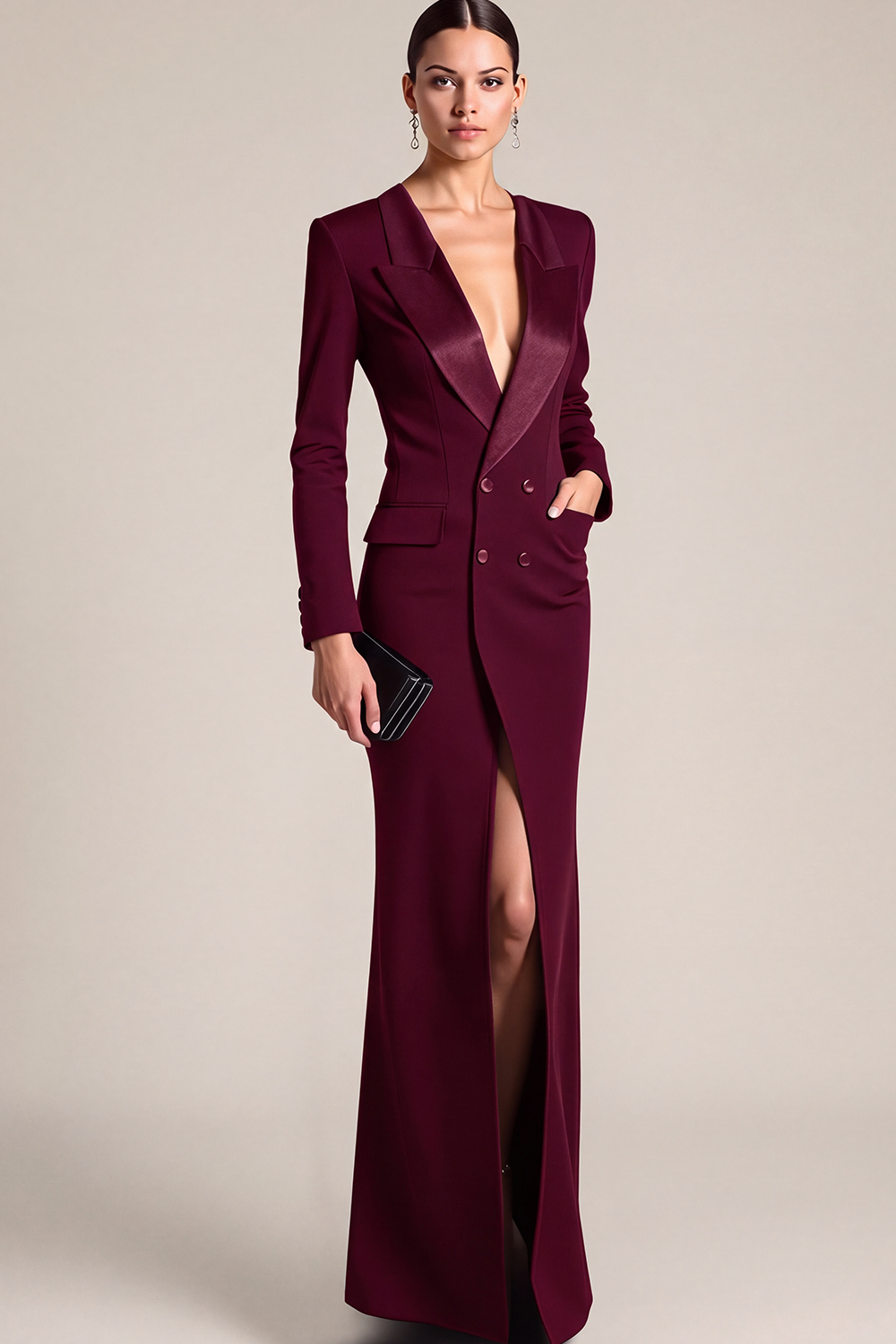 Black Peak Lapel Double Breasted Maxi Blazer Dress with Pockets