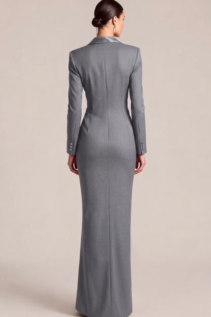Black Peak Lapel Double Breasted Maxi Blazer Dress with Pockets