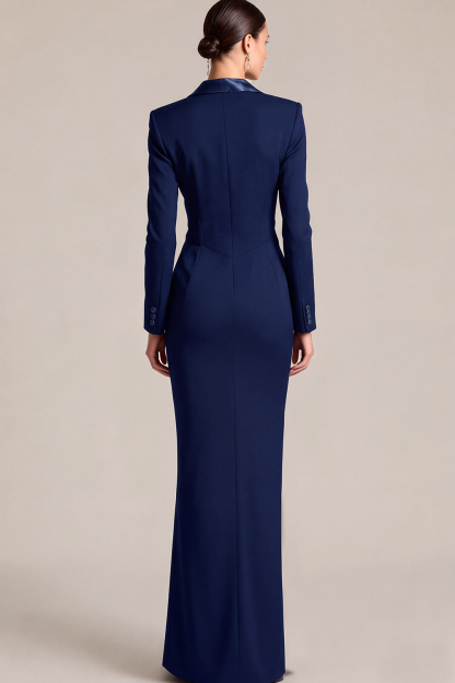 Black Peak Lapel Double Breasted Maxi Blazer Dress with Pockets