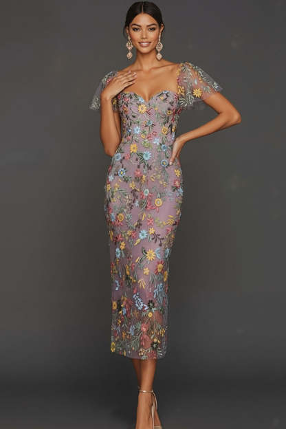 Plus Size Floral Mauve Embroidered Sheath Midi Wedding Guest Dress with Sleeves