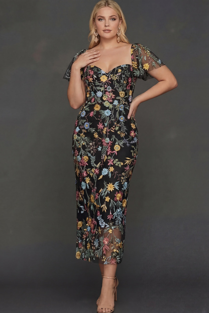 Floral Mauve Tulle Sheath Midi Wedding Guest Dress with Sleeves