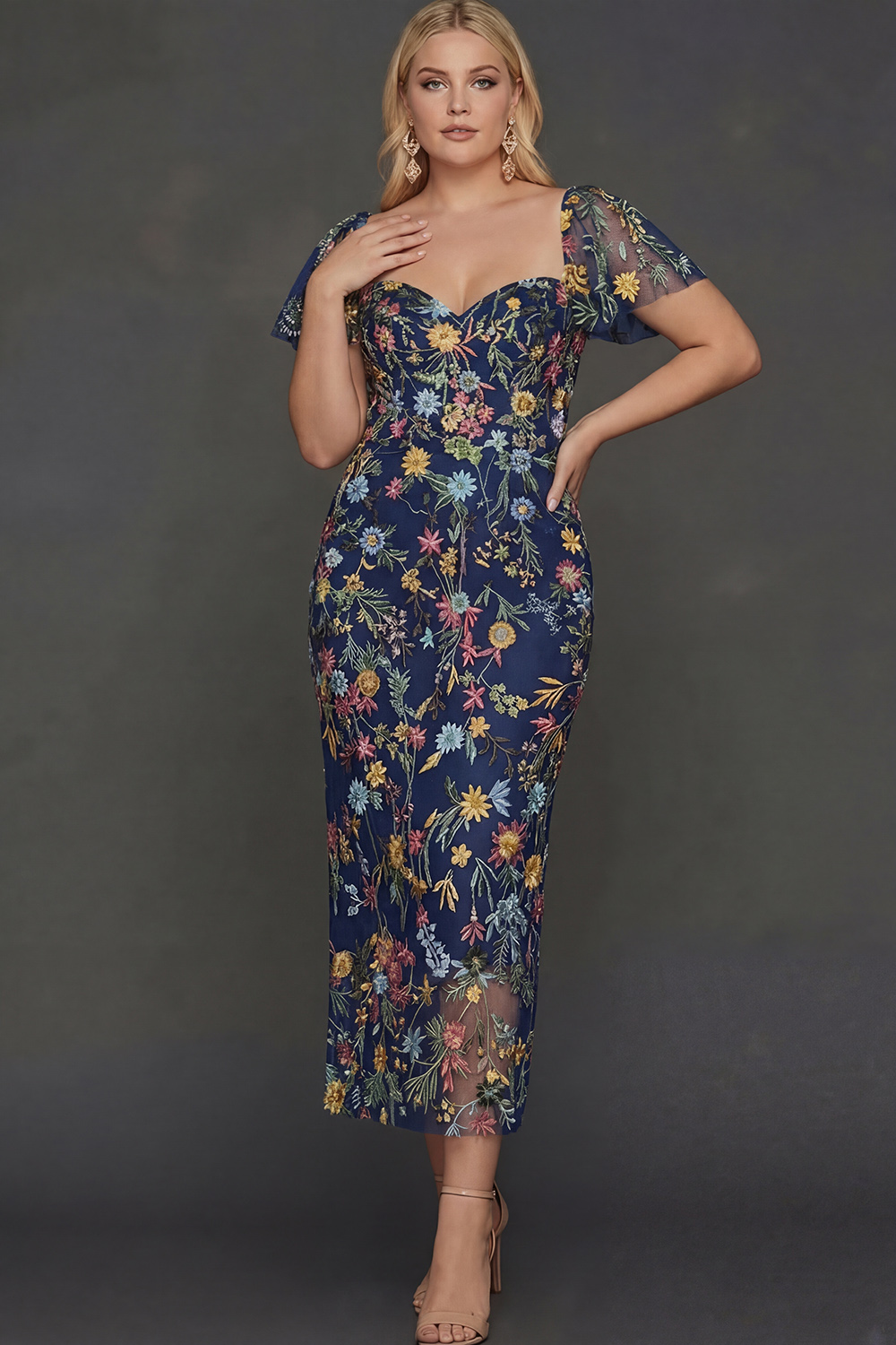 Floral Mauve Tulle Sheath Midi Wedding Guest Dress with Sleeves