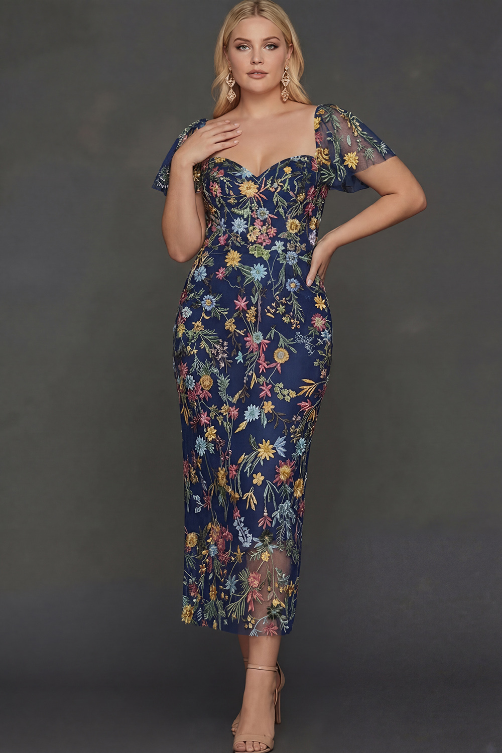 Floral Mauve Tulle Sheath Midi Wedding Guest Dress with Sleeves