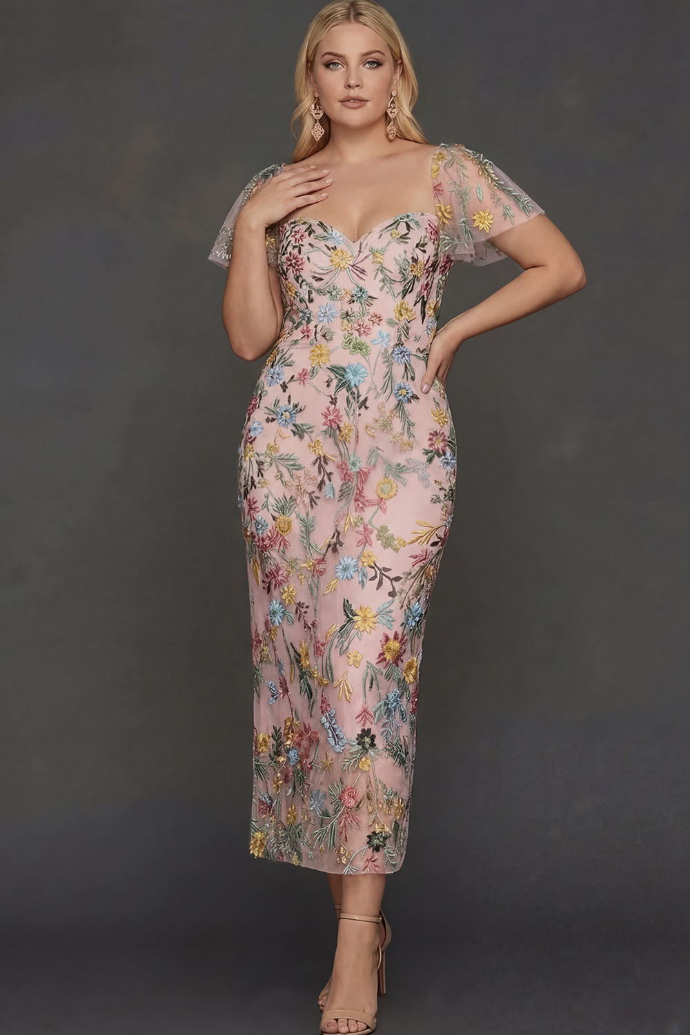 Floral Mauve Tulle Sheath Midi Wedding Guest Dress with Sleeves