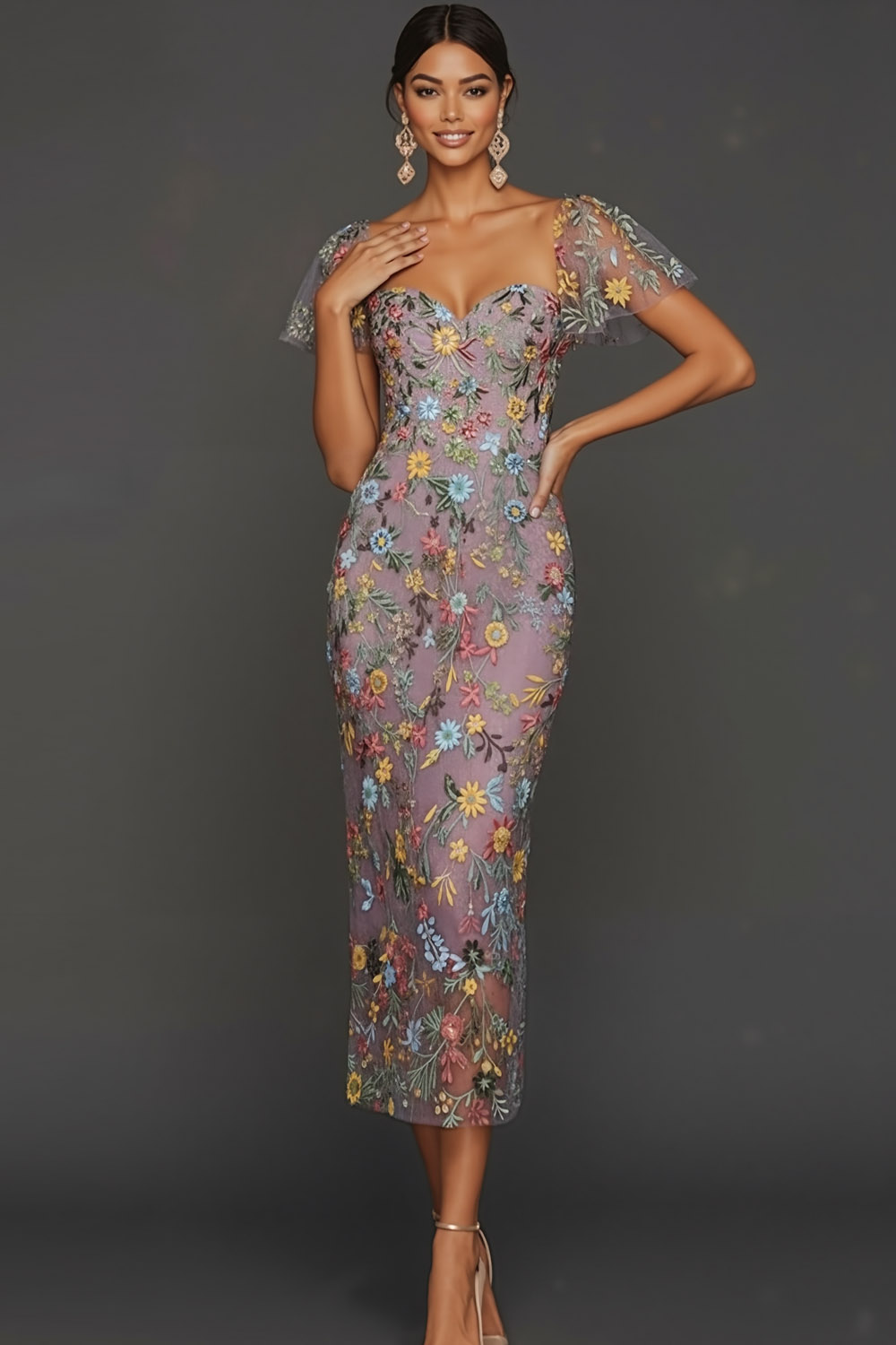 Leely Women Floral Mauve Tulle Midi Wedding Guest Dress with Sleeves Sheath Square Neck Formal Dress