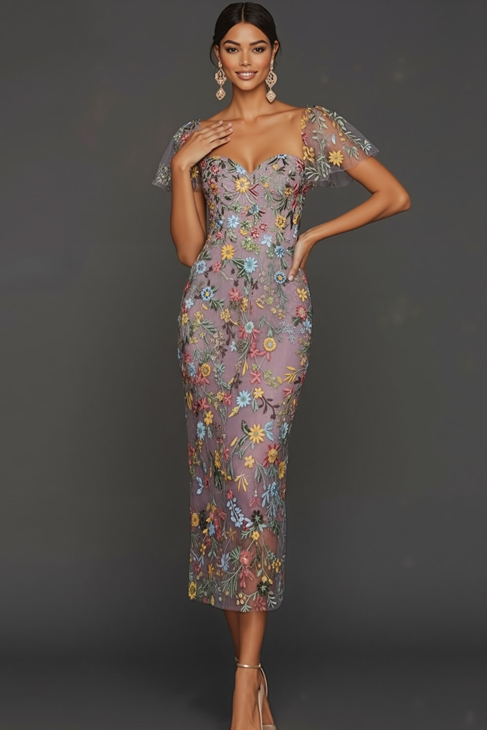 Leely Women Floral Mauve Tulle Midi Wedding Guest Dress with Sleeves Sheath Square Neck Formal Dress