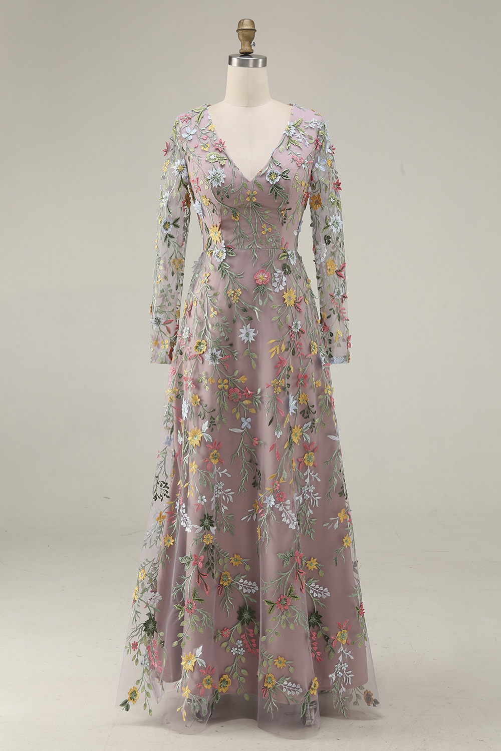 Mauve Floral A Line Embroidered Maxi Prom Dress with Sleeves