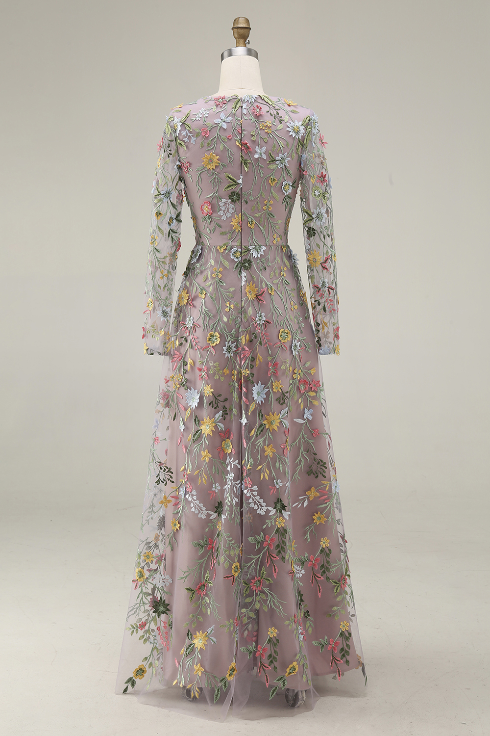 Mauve Floral A Line Embroidered Maxi Prom Dress with Sleeves