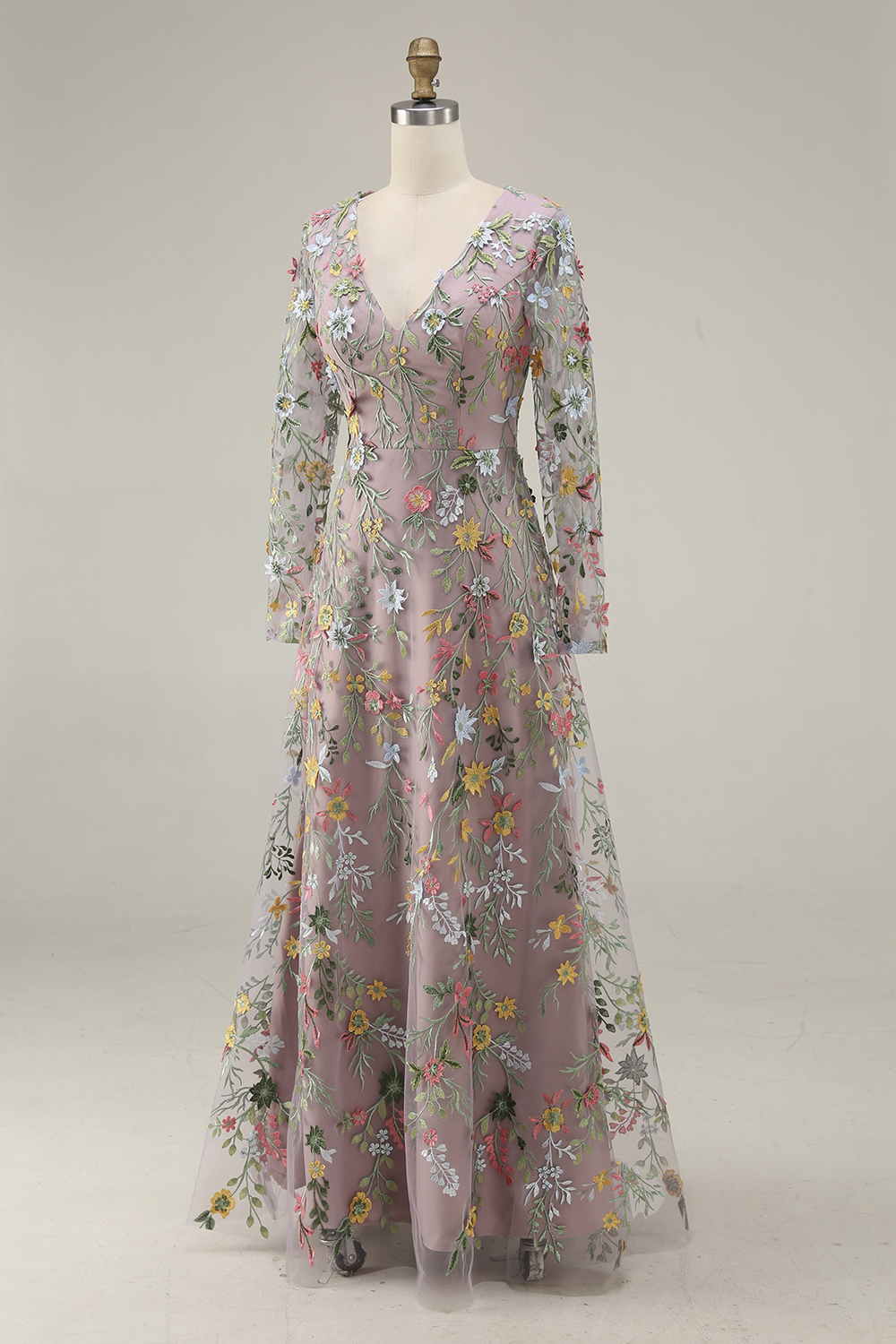 Maxi Mauve Floral A Line V Neck Embroidered Prom Dress