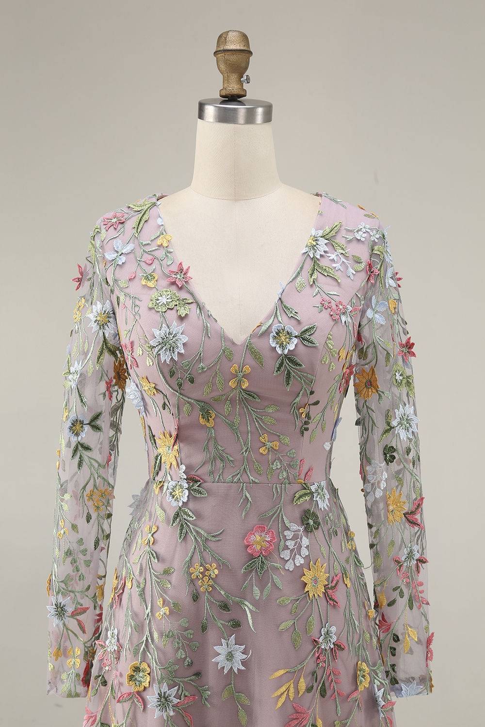 Maxi Mauve Floral A Line V Neck Embroidered Prom Dress