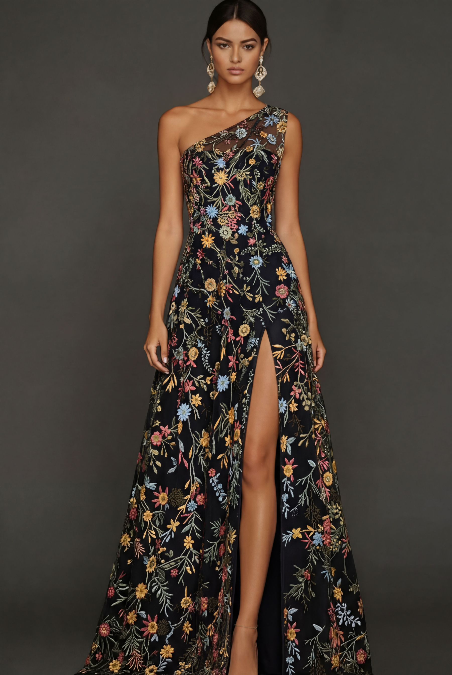 Floral Mauve One Shoulder A Line Long Prom Dress with Slit