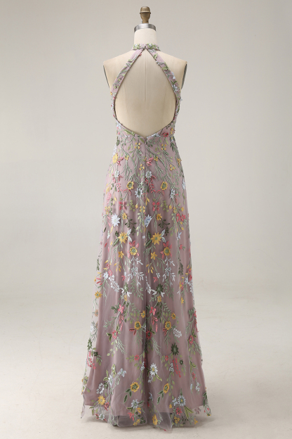 Mauve Floral Halter Neck Mermaid Long Formal Dress with Slit