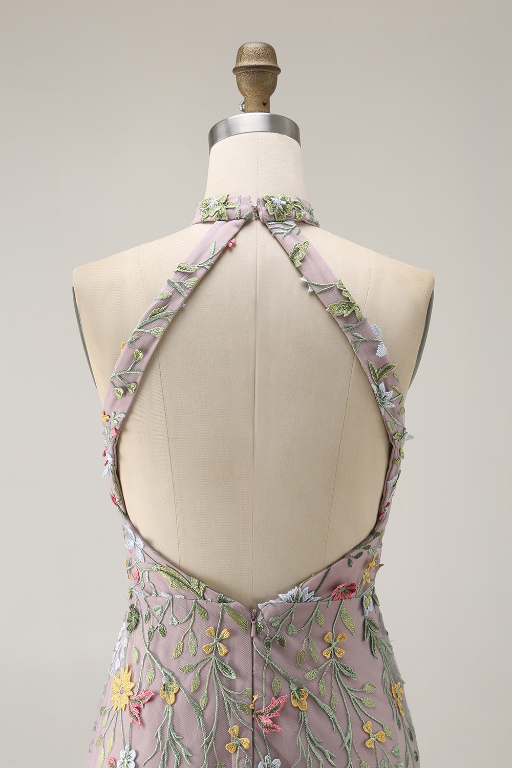 Mauve Floral Halter Neck Mermaid Long Formal Dress with Slit