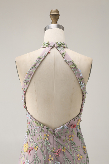 Mauve Floral Halter Neck Mermaid Long Formal Dress with Slit