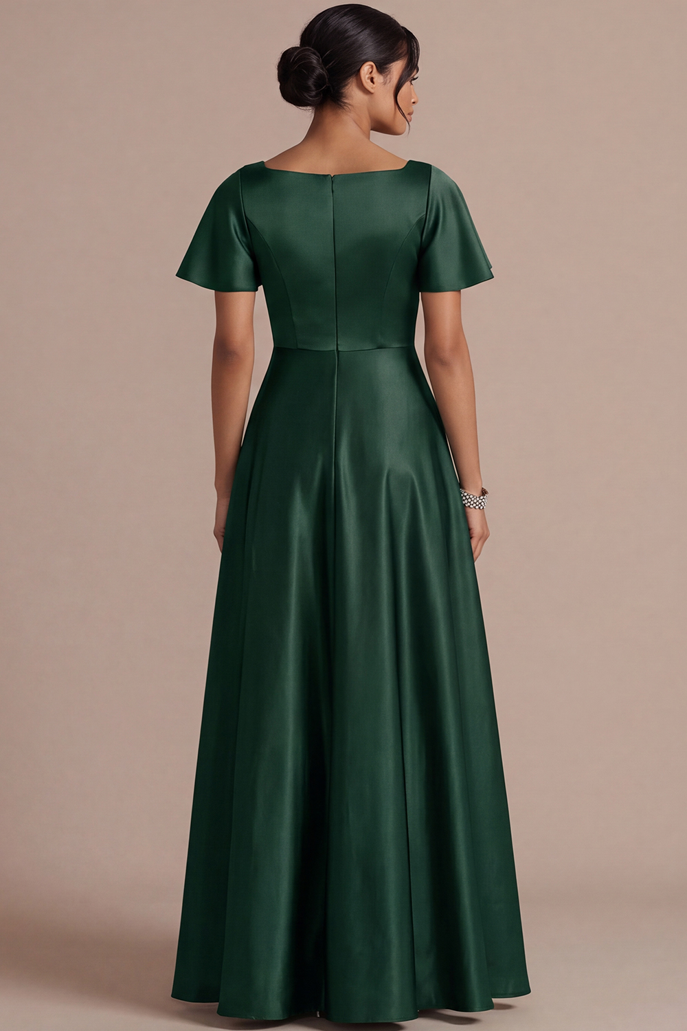 Brown A Line Satin Square Neck Long Wedding Guest Dress with Short Sleeves