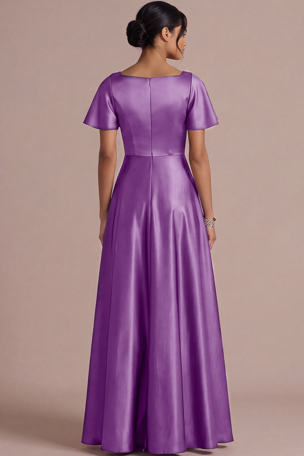 Brown A Line Satin Square Neck Long Wedding Guest Dress with Short Sleeves