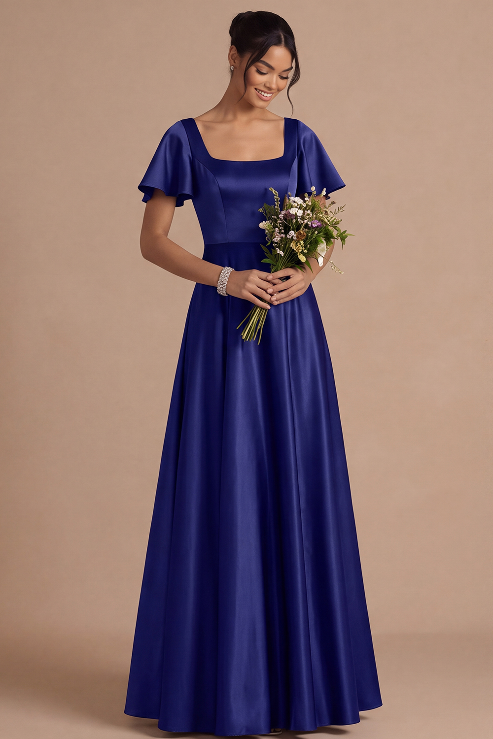 Brown A Line Satin Square Neck Long Wedding Guest Dress with Short Sleeves