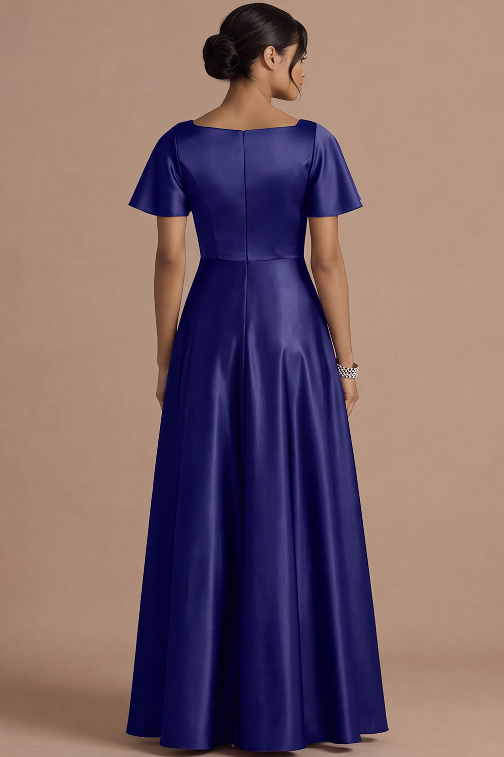 Brown A Line Satin Square Neck Long Wedding Guest Dress with Short Sleeves