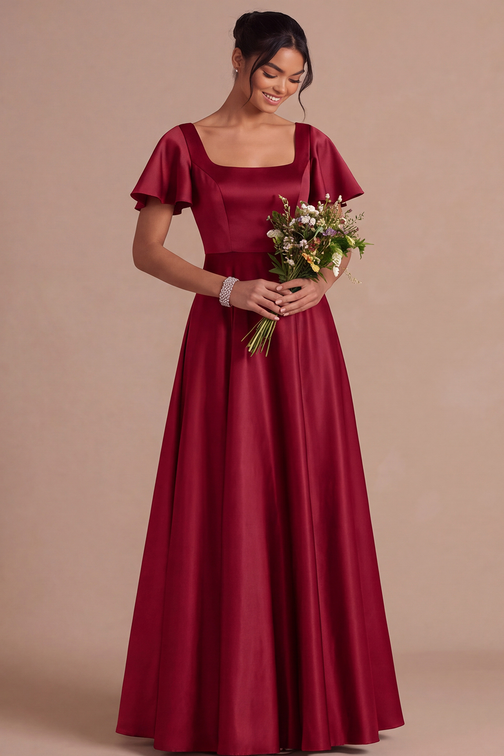 Brown A Line Satin Square Neck Long Wedding Guest Dress with Short Sleeves