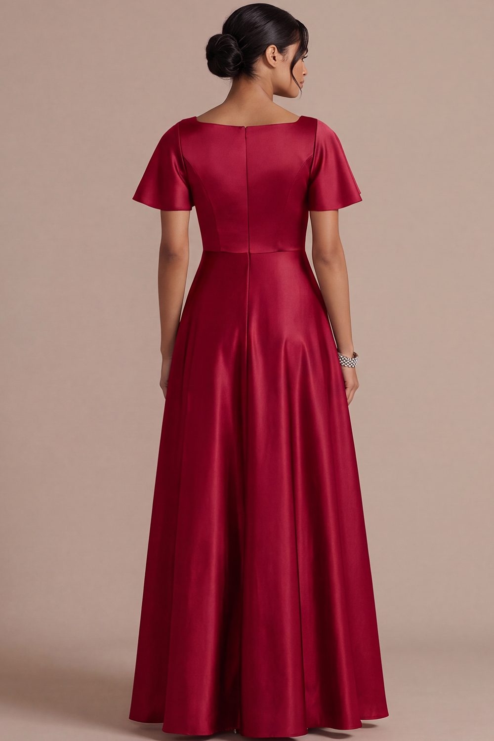 Brown A Line Satin Square Neck Long Wedding Guest Dress with Short Sleeves