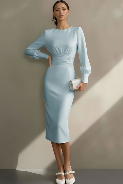 Simple White Sheath Crew Neck Midi Engagement Dress with Sleeves