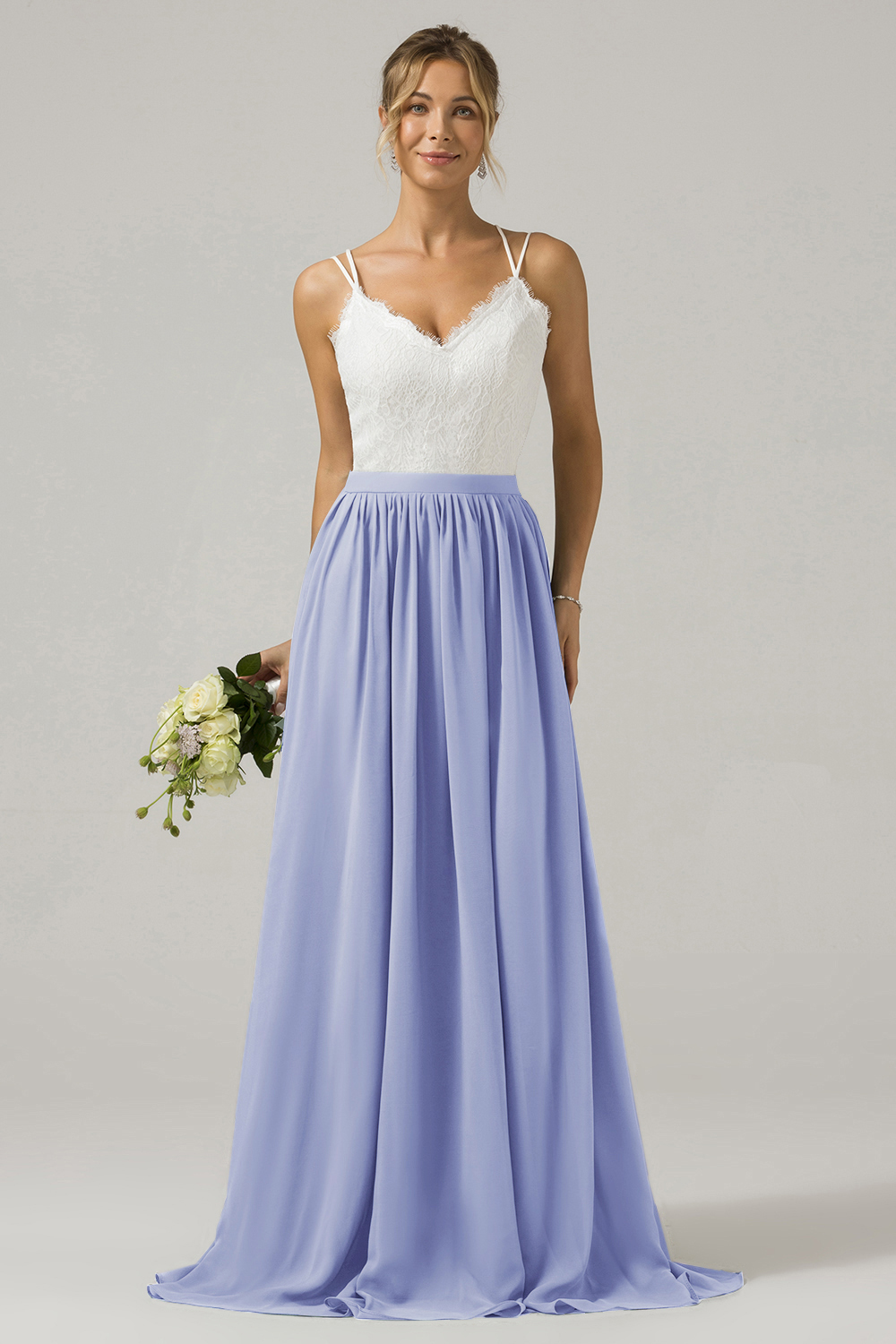 Eucalyptus A-Line Spaghetti Straps Pleated Long Bridesmaid Dress With Lace