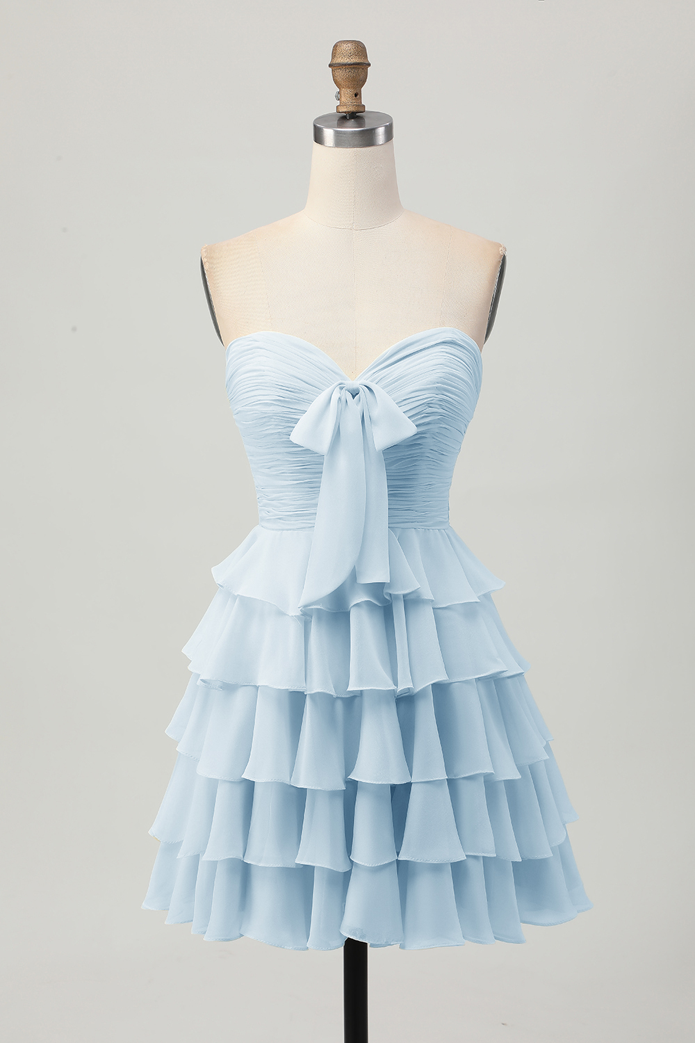 Short Light Yellow Sweetheart Ruffled A Line Tiered Homecoming Dress with Bow