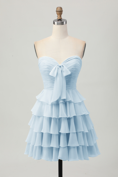 Short Light Yellow Sweetheart Ruffled A Line Tiered Homecoming Dress with Bow