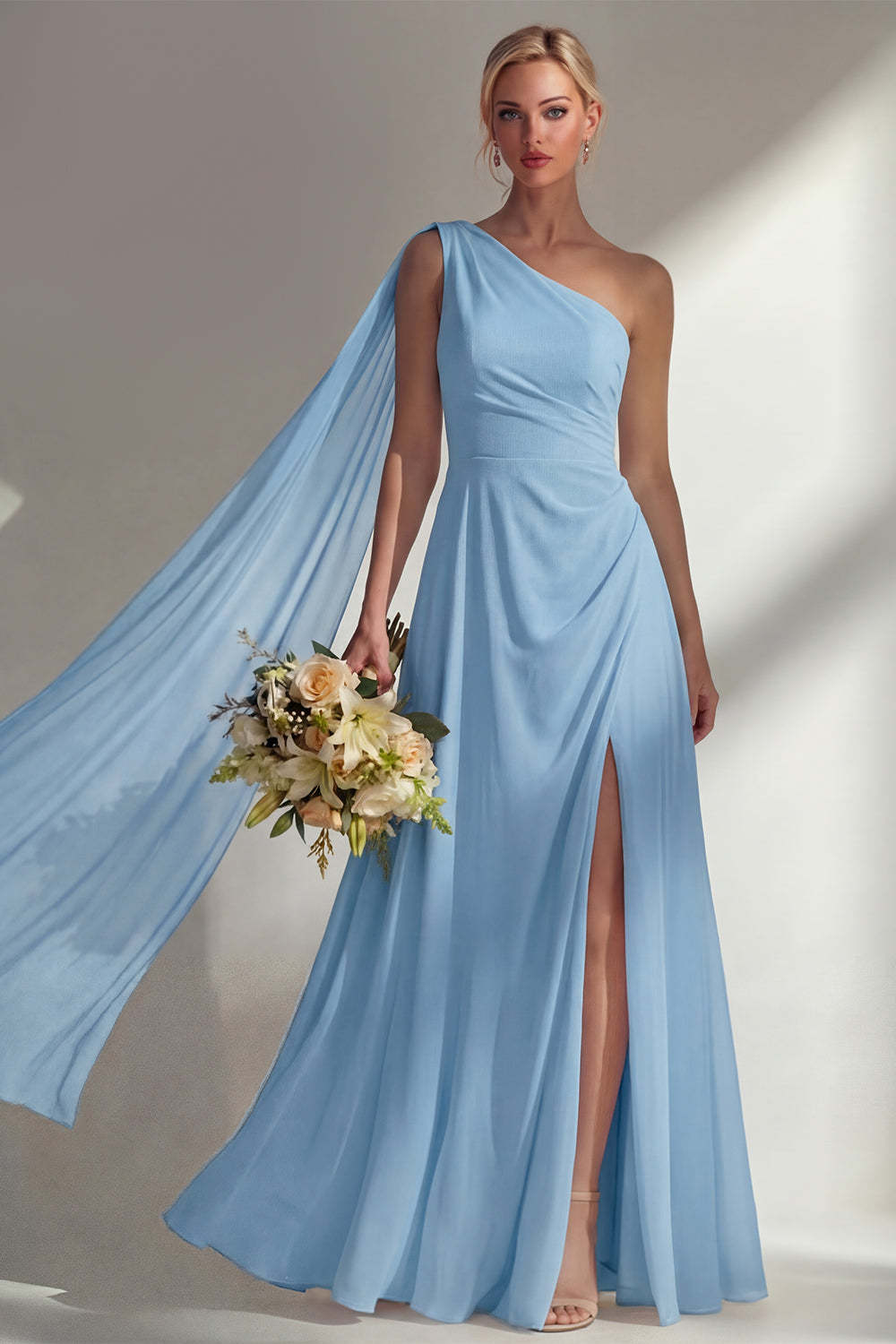 Burgundy One Shoulder Backless Ruched Long Bridesmaid Dress with Slit