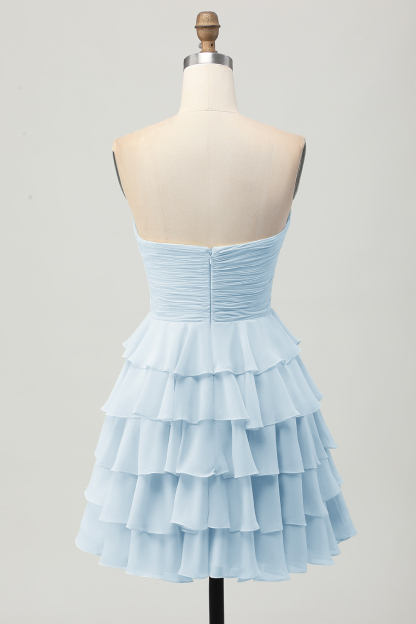 Short Light Yellow Sweetheart Ruffled A Line Tiered Homecoming Dress with Bow