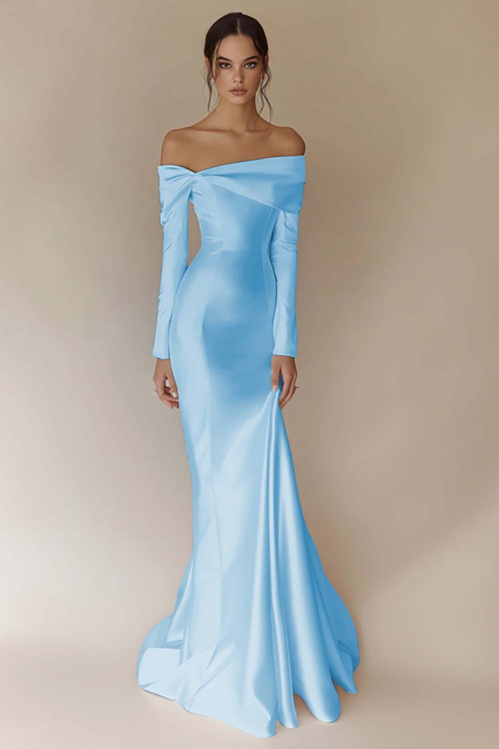 White Satin Off the Shoulder Sheath Maxi Rehearsal Dinner Dress with Sleeves