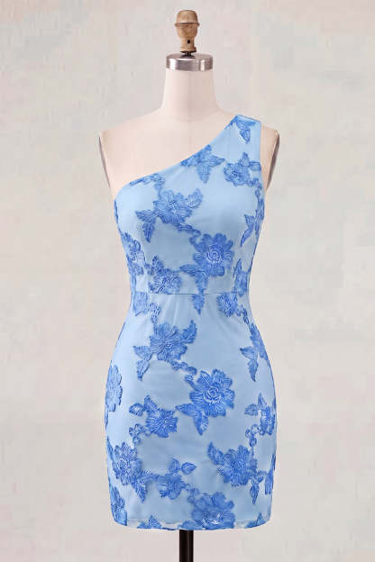 Yellow Floral Bodycon One Shoulder Short Homecoming Dress