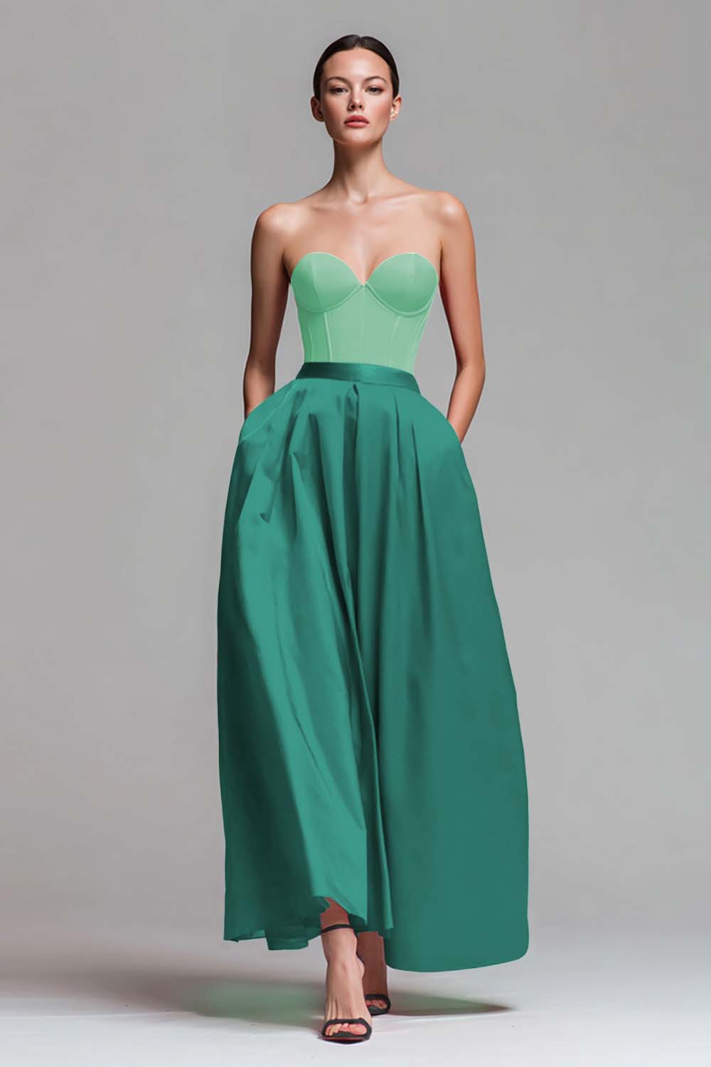 Red and Fuchsia Satin A Line Strapless Maxi Formal Dress