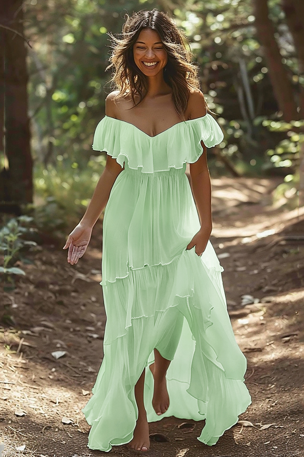 White Chiffon Ruffled Off the Shoulder Boho Maxi Wedding Dress