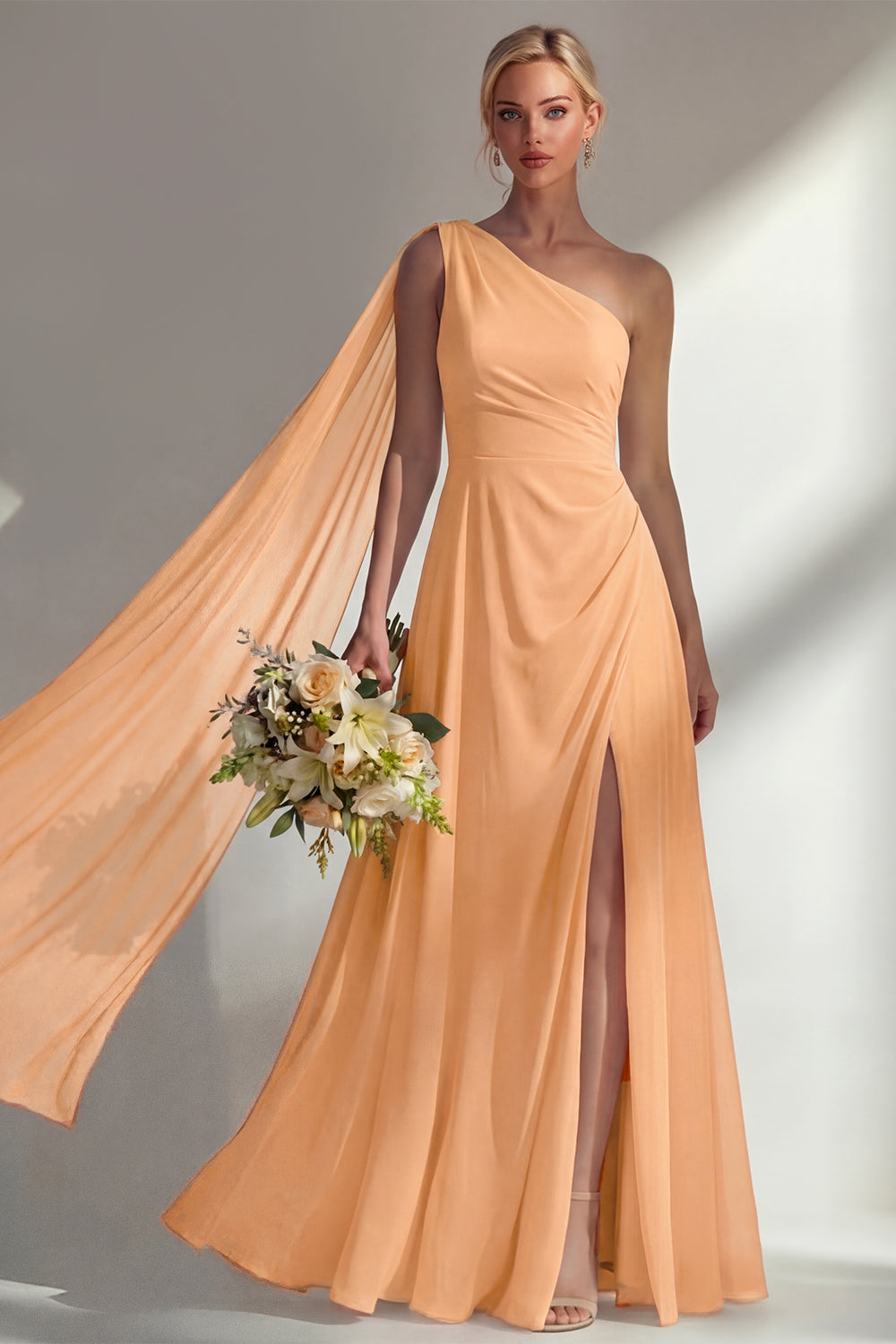 Burgundy One Shoulder Backless Ruched Long Bridesmaid Dress with Slit