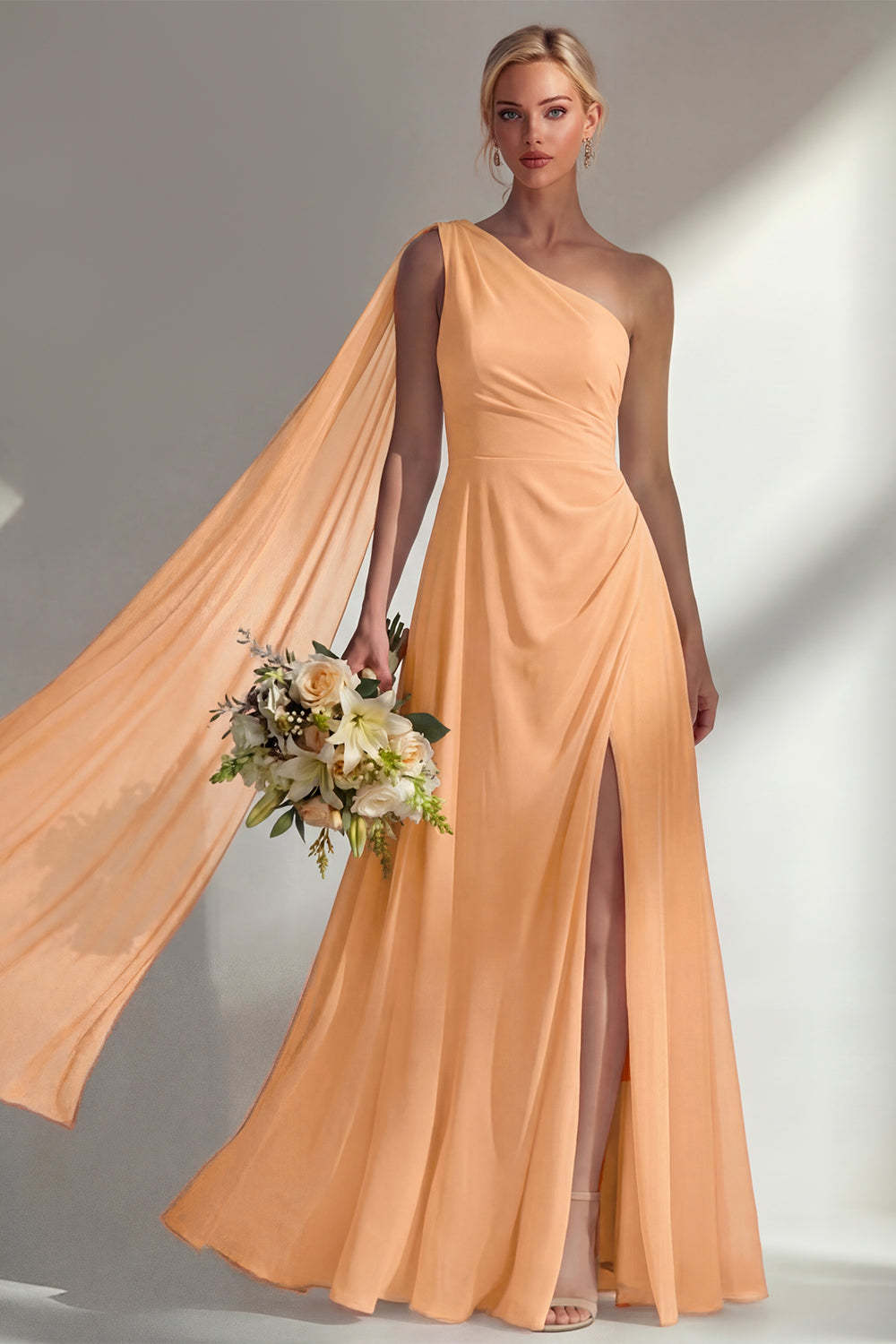 Burgundy One Shoulder Backless Ruched Long Bridesmaid Dress with Slit