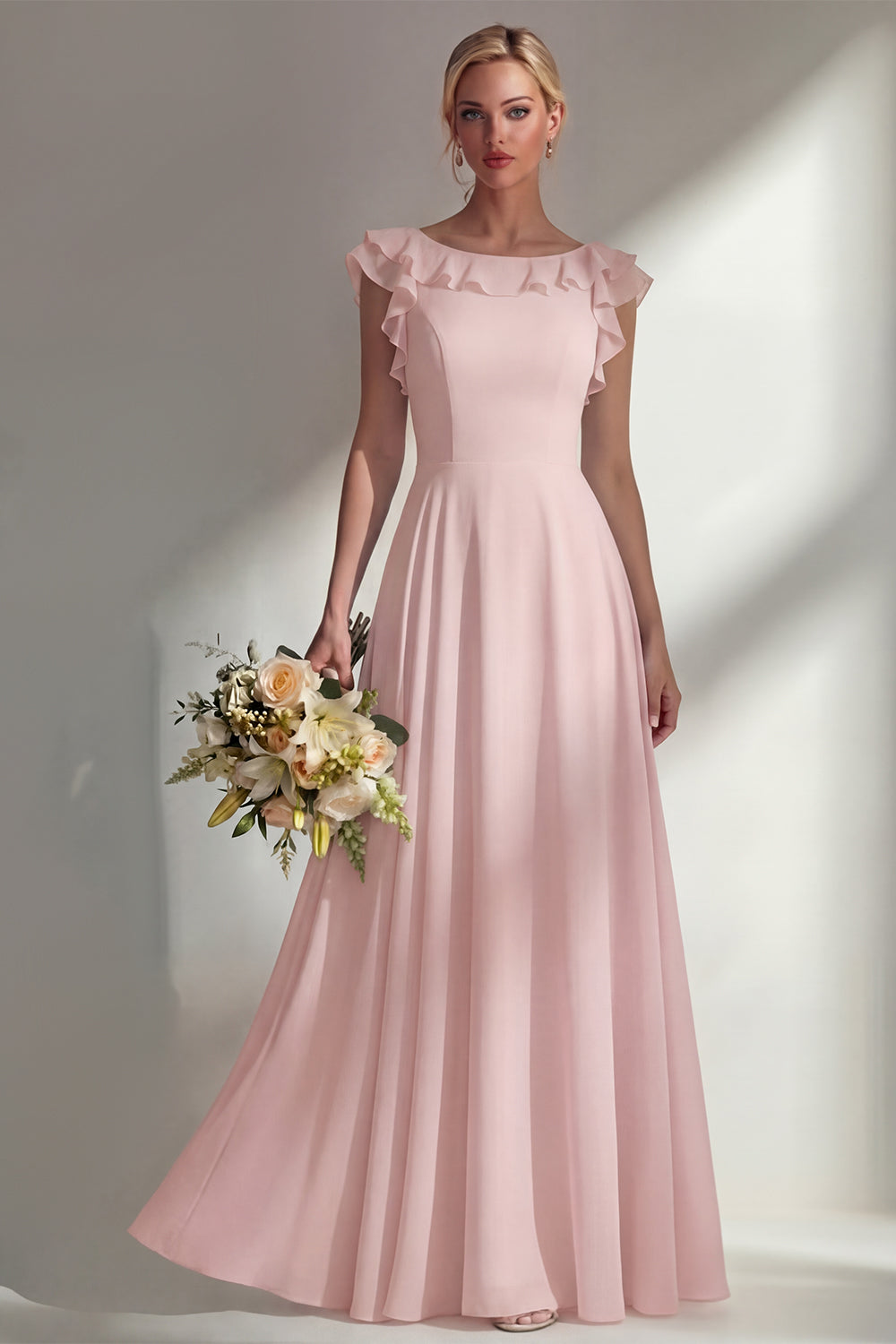 A Line Round Neck Ruffled Dusty Blue Long Bridesmaid Dress