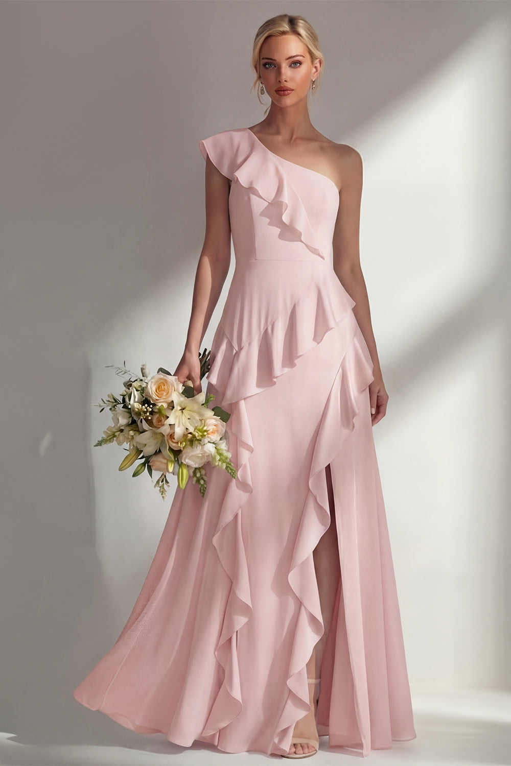 Light Pink One Shoulder Ruffled Long Bridesmaid Dress with Slit