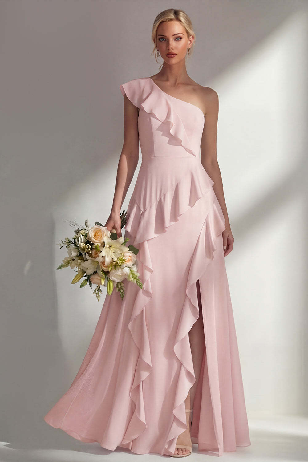 Emerald A Line Ruffled One Shoulder Long Bridesmaid Dress with Slit