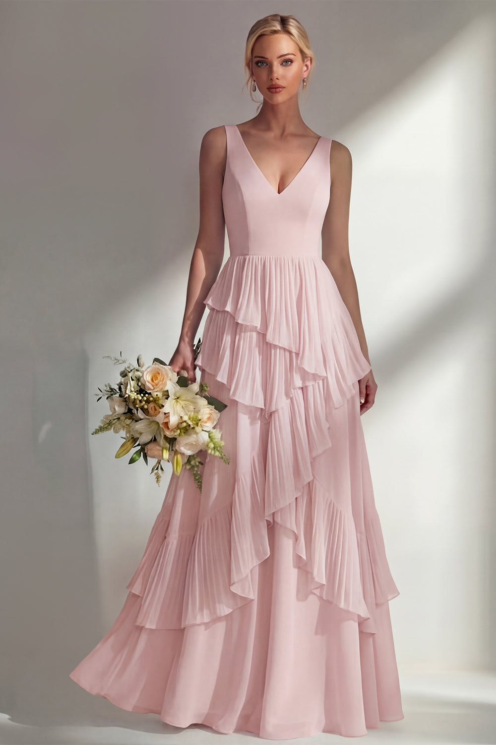 Sea Glass V Neck Ruffled Sleeveless Long Bridesmaid Dress