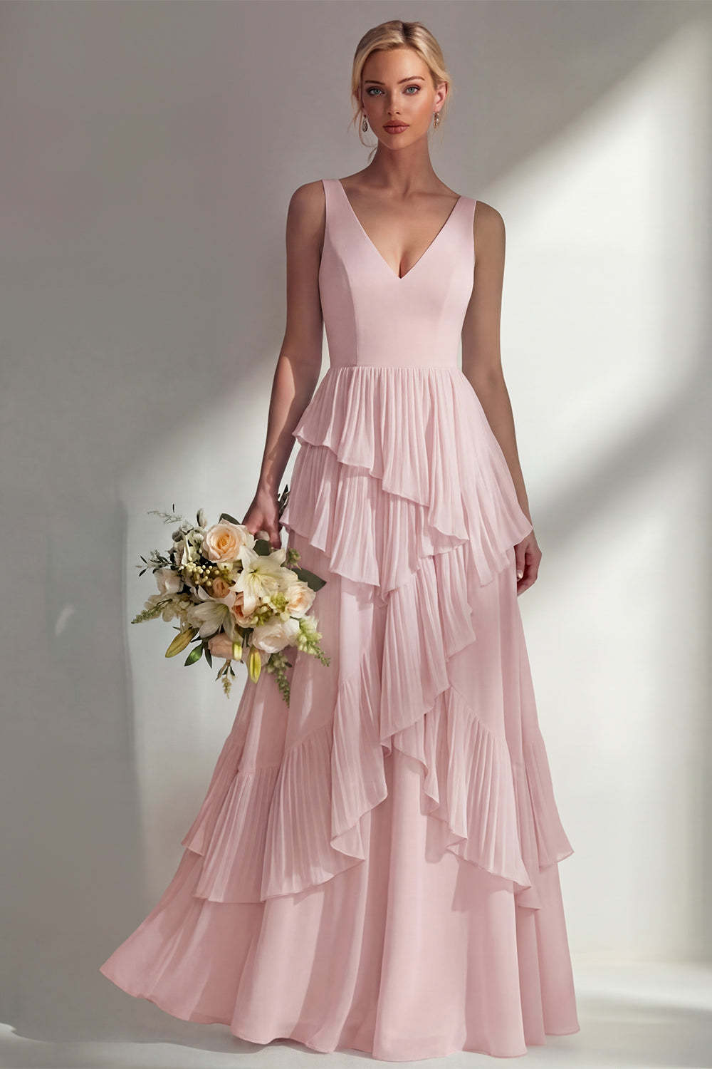 Sea Glass V Neck Ruffled Sleeveless Long Bridesmaid Dress